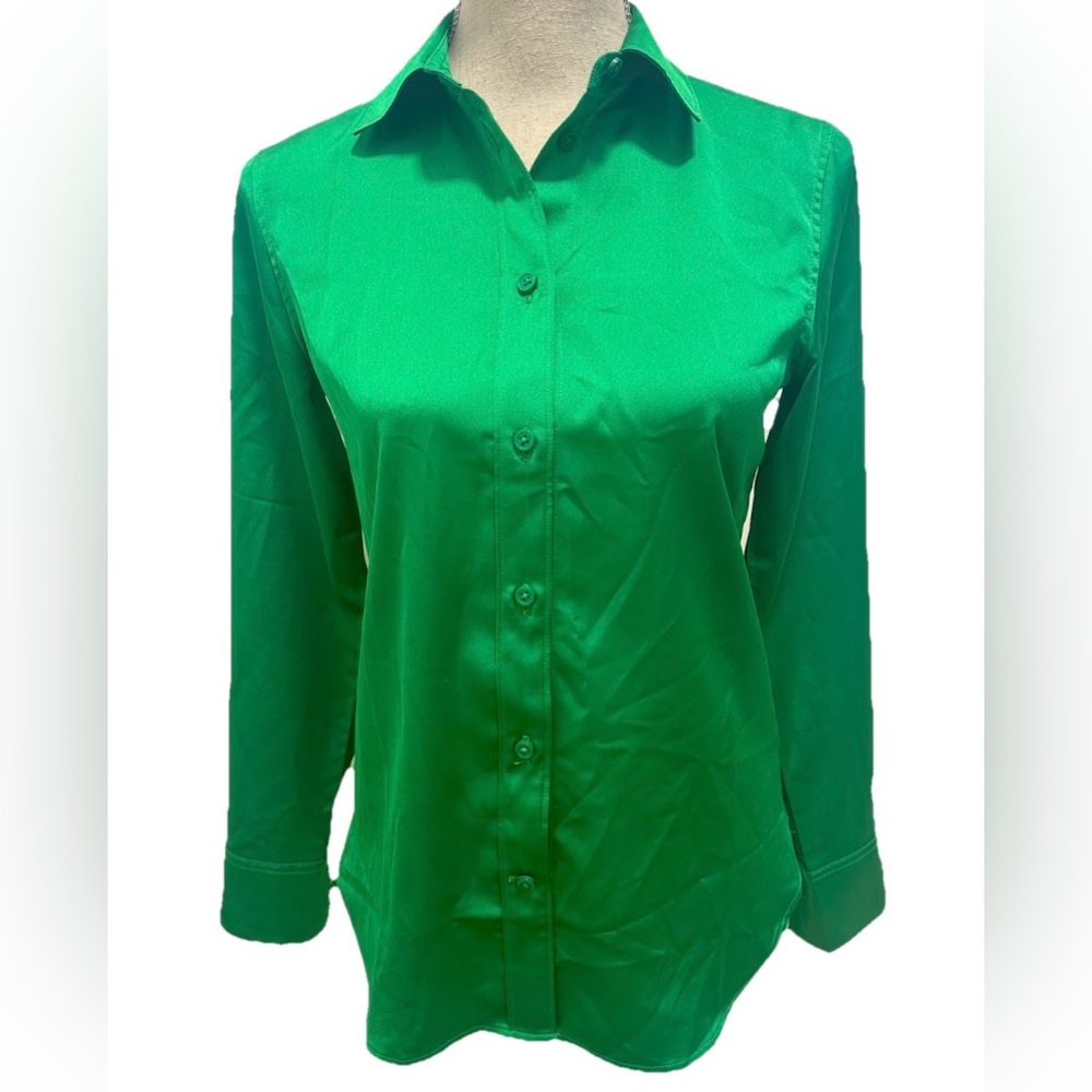 J. Crew Green Blouse St Patrick’s Day Party 00 Slim Silky Collared Career